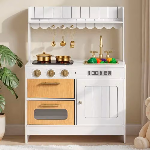 Set Cucina Giocattolo in Legno VEVOR Bianco con Luci, Suoni e Accessori per Bambini da 3 a 8 Anni