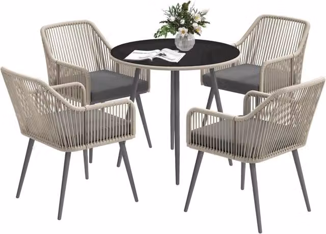 Set da Giardino Giordanoshop composto da 5 Pezzi con Tavolo Rotondo in Vetro e 4 Sedie in Polyrattan e Acciaio, Colori Marrone, Grigio e Nero