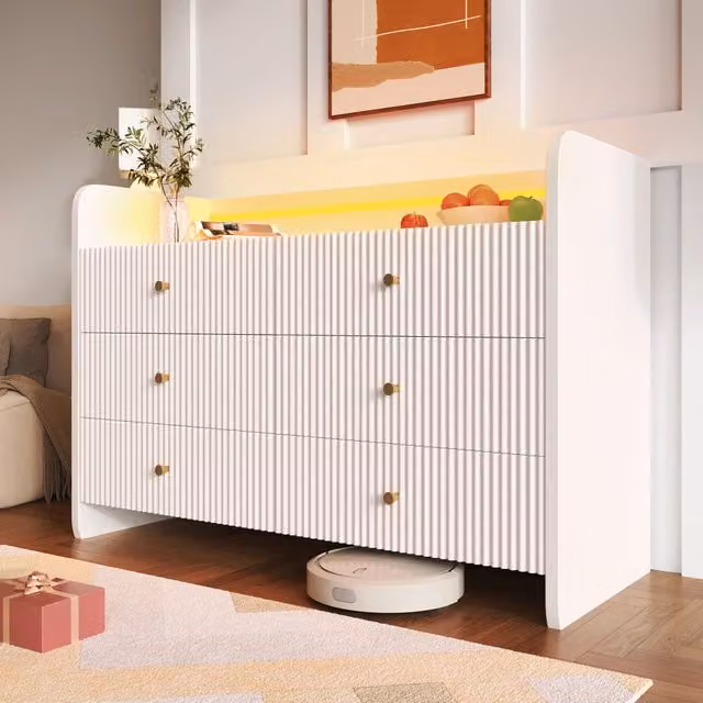 Cassettiera con LED, 6 cassetti e vano aperto, design ondulato, per soggiorno e camera da letto, bianca, 120 × 40 × 75 cm