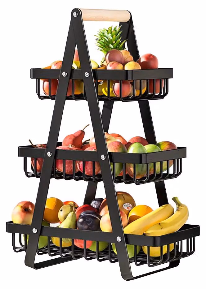 Cesto per frutta e verdura - Scaffale di stoccaggio a 3 livelli - Acciaio inossidabile - Riutilizzabile - Versatile - Ideale per il piano di lavoro della cucina - Con maniglia in legno