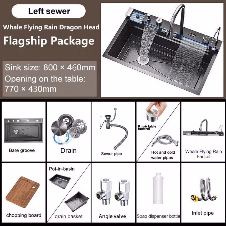 Lavabo in acciaio inossidabile con rubinetto a cascata e display digitale - 80x46x22 cm