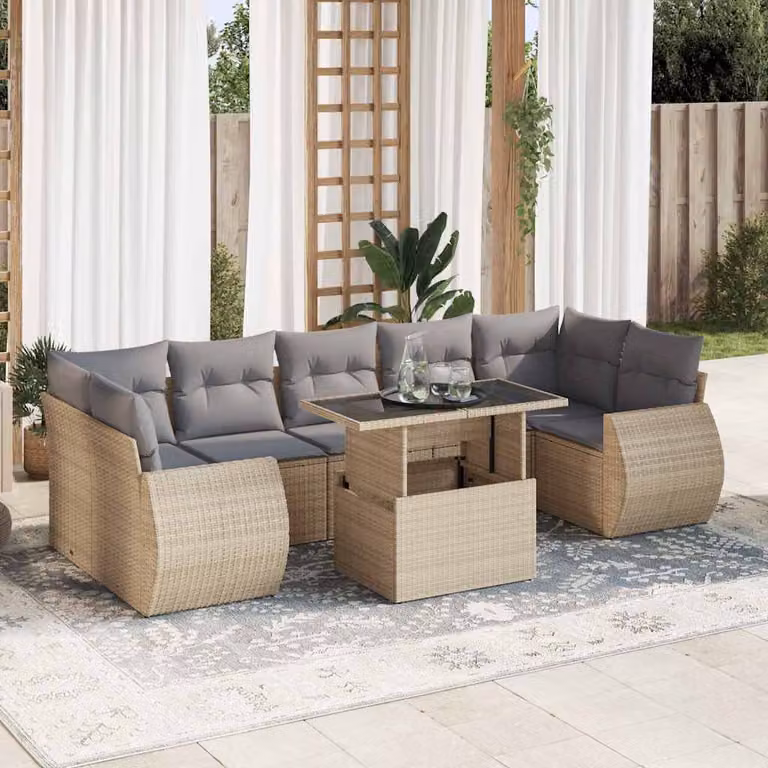 Set Divano da Giardino vidaXL 8 pz a Forma a L con Cuscini Beige e Tavolino, Struttura in Metallo e Polyrattan per Terrazza e Balcone