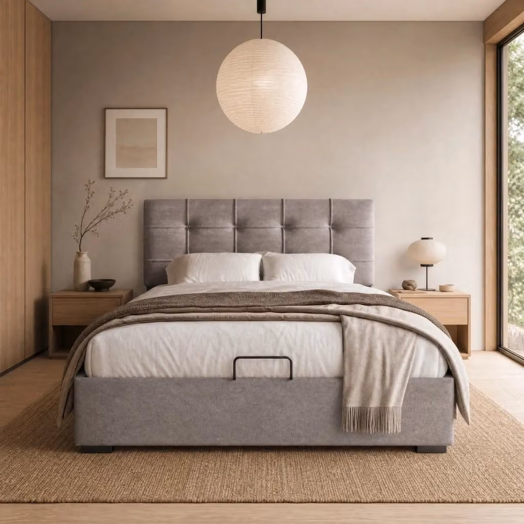 Letto singolo imbottito MODFU con contenitore e testiera regolabile in velluto grigio, L/P/H: 90 x 200 cm