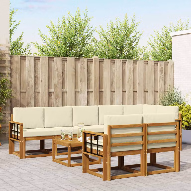 Set di divani da esterno vidaXL 9 pz in legno di acacia con cuscini, colore beige e marrone, design moderno a L con tavolino da caffè