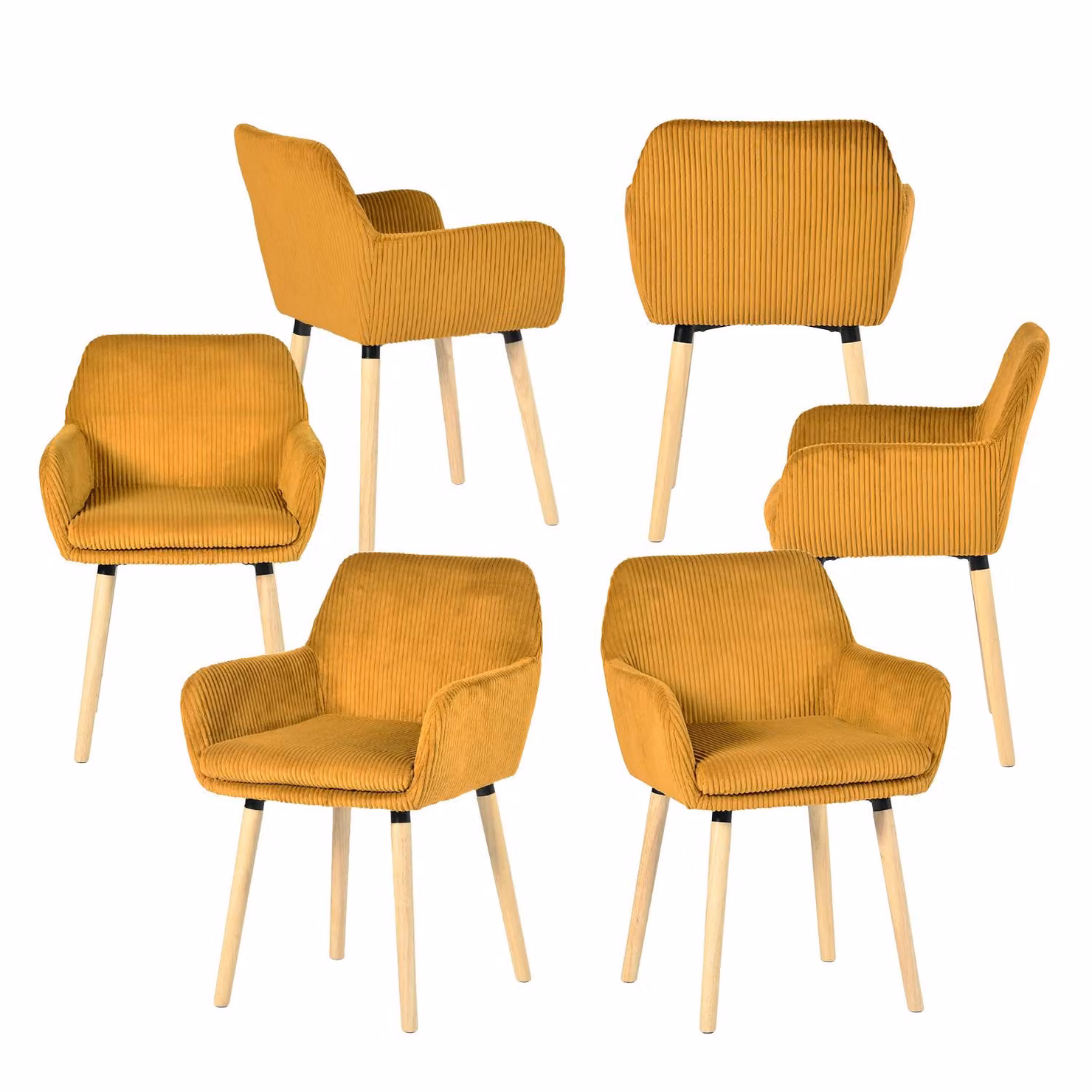Meubles Cosy - Set da 6 sedie da pranzo in stile scandinavo con gambe in legno e braccioli gialli in velluto a coste – ELIA