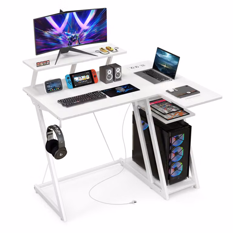 Scrivania COSTWAY con prese di corrente, porte USB, ganci per cuffie, supporto per monitor e CPU, piccola scrivania per computer, 107x45x93cm