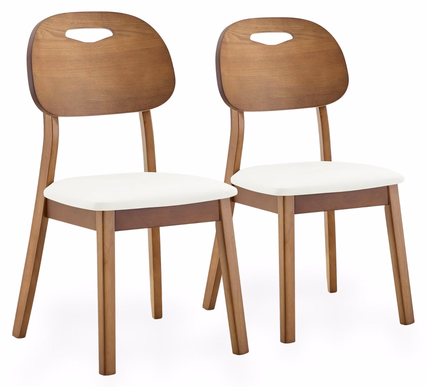 Set di 2 sedie da pranzo in legno massello nordico, con schienale sagomato e braccioli, seduta imbottita in ecopelle, struttura in legno di gomma, colore bianco