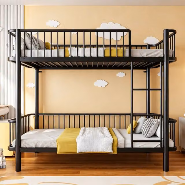 Letto a castello in metallo 90x200 nero; salvaspazio con angoli arrotondati e sponde di sicurezza