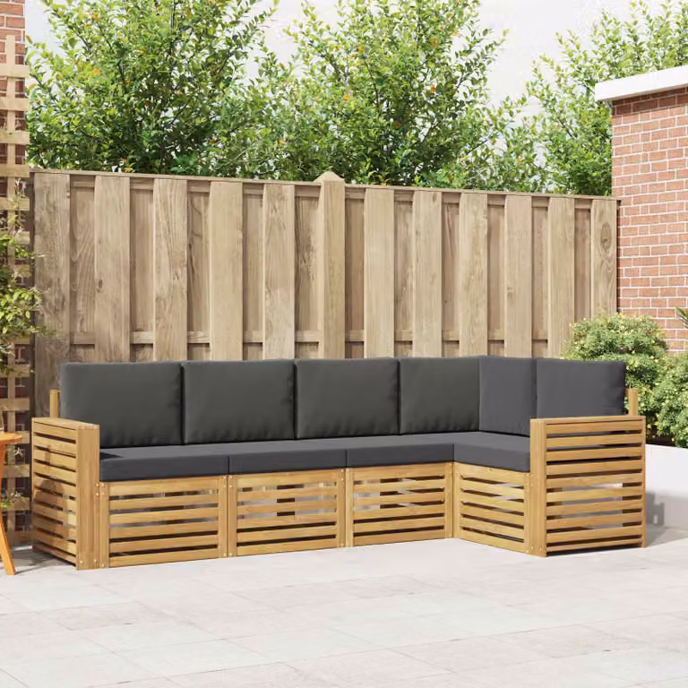 vidaXL Set di divani da esterno a forma di L composto da 5 pezzi in legno di acacia con cuscini bianchi e antracite