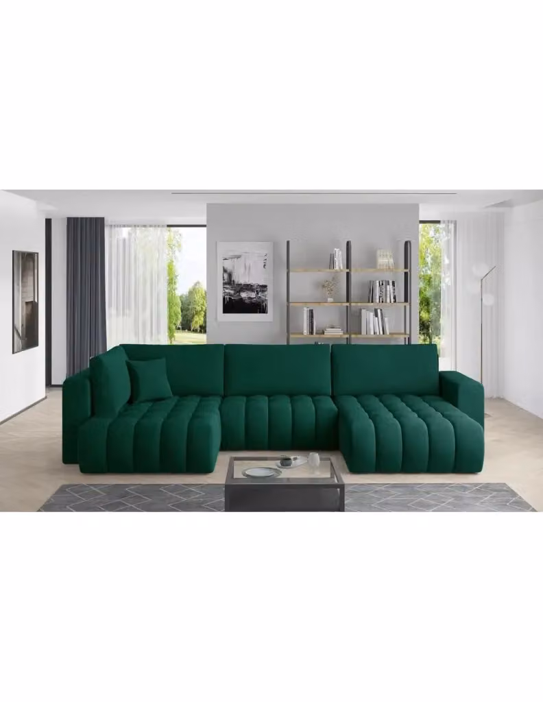 Divano ad angolo BONITA MEUBLORAMA convertibile 6 posti verde, lato destro, con funzione letto e poggiatesta regolabile, L/P/H: 350 x 175 x 92 cm – 2
