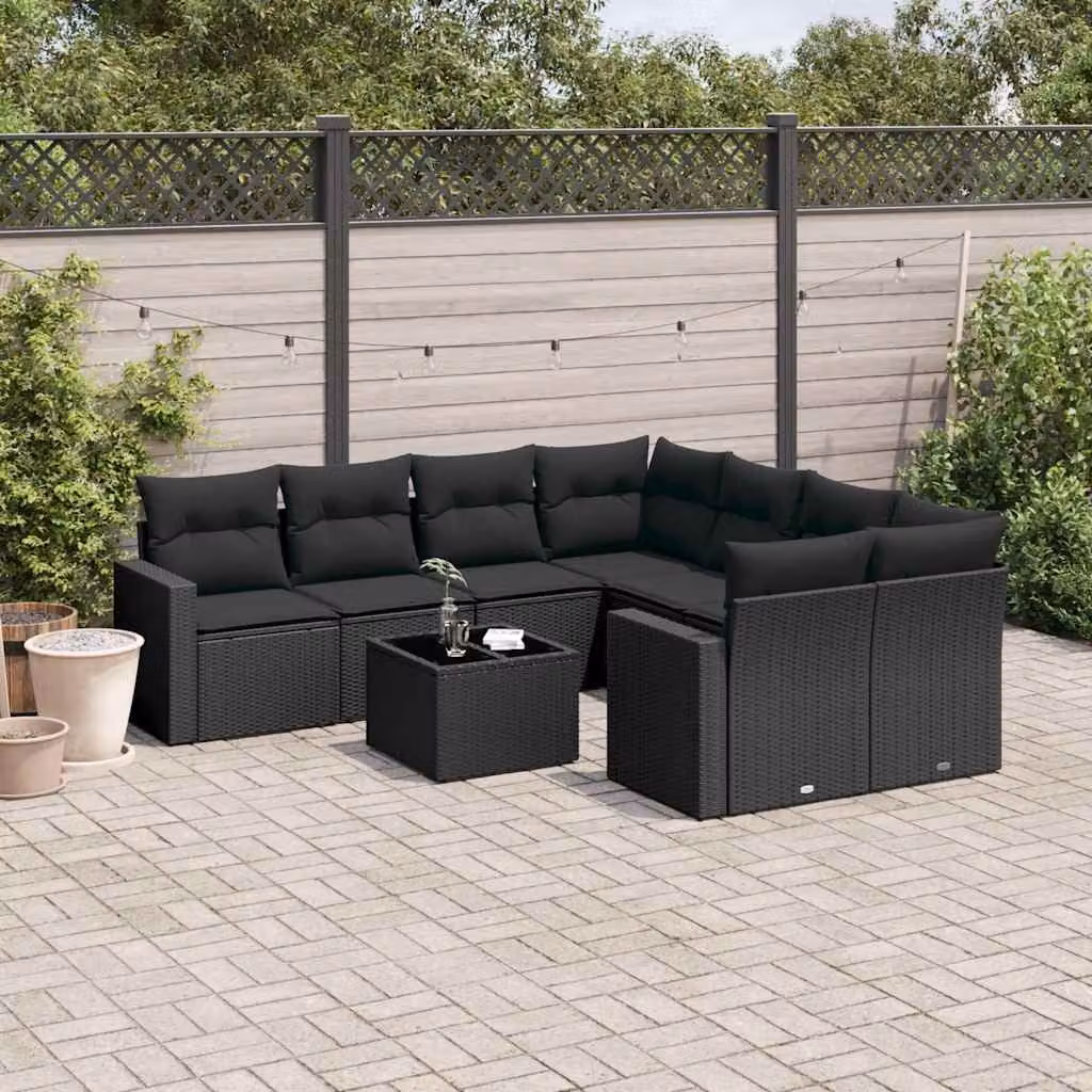 vidaXL Set Divani da Giardino 9 pz a Forma a L con Cuscini e Tavolino Nero in Polyrattan e Acciaio – 1