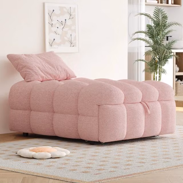 Letto singolo trasformabile in divano letto in tessuto bouclé rosa L: 183 cm, L: 76 cm, H: 42 cm