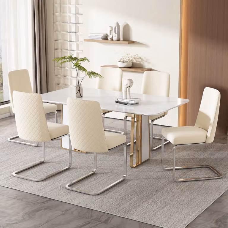 Set di 6 sedie a sbalzo Flieks, sedie per sala da pranzo con gambe in metallo argentato, sedie imbottite con rivestimento in velluto, sedie da cucina sedia da soggiorno, beige