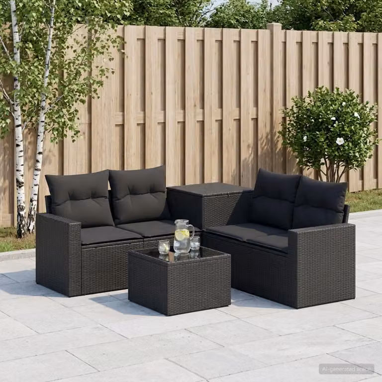 Set di divani da giardino vidaXL in 6 pezzi nero con polyrattan e acciaio, componibile a forma di L con tavolo da caffè e cuscini inclusi
