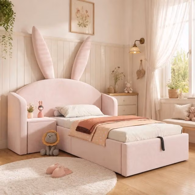 Letto contenitore Mivray con testiera imbottita a orecchie di coniglio e comodino reversibile in velluto rosa, L/P: 90 x 200 cm