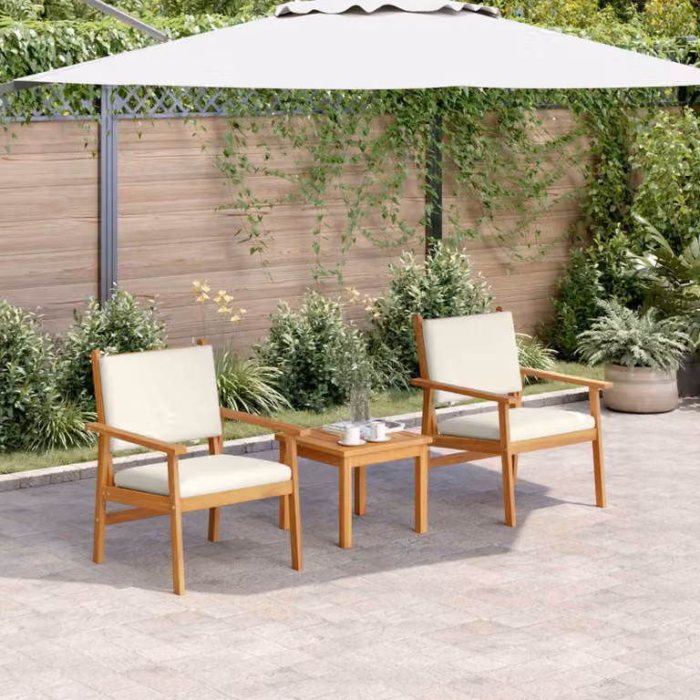 Set Divano da Giardino vidaXL 3 pz in Legno di Acacia con Cuscini Bianco e Beige
