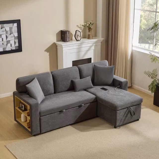 Divano Letto Angolare con Contenitore e Ripiano ¨C MINIMAL ¨C Grigio Scuro