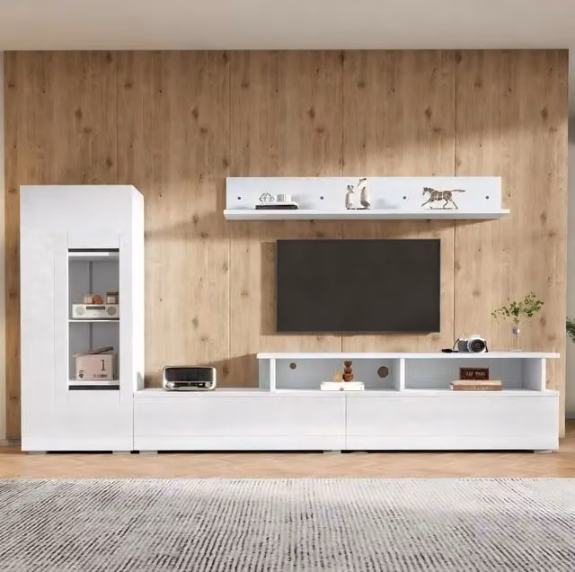Set di mobili soggiorno 3 pezzi con illuminazione LED, mobile TV 170x35x45 cm, vetrina 50x30x120 cm, mensola sospesa, bianco lucido