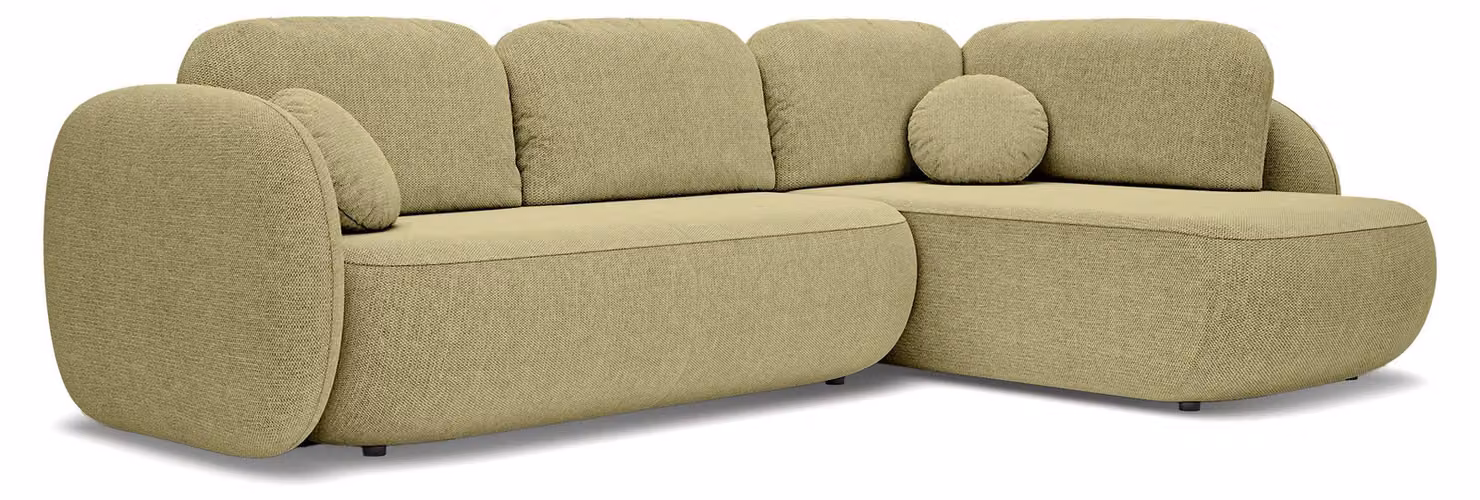Divano angolare con funzione letto, modello Olemo, lato destro, rivestito in lino color oro