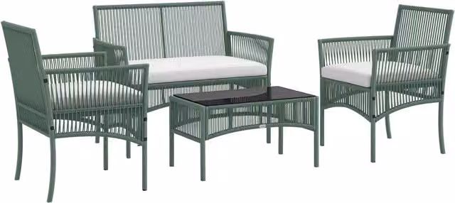Set Salotto da Giardino 4 Pezzi in Resina Effetto Rattan Divano 2 Posti 2 Poltrone e Tavolino con Vetro Temperato per Esterno