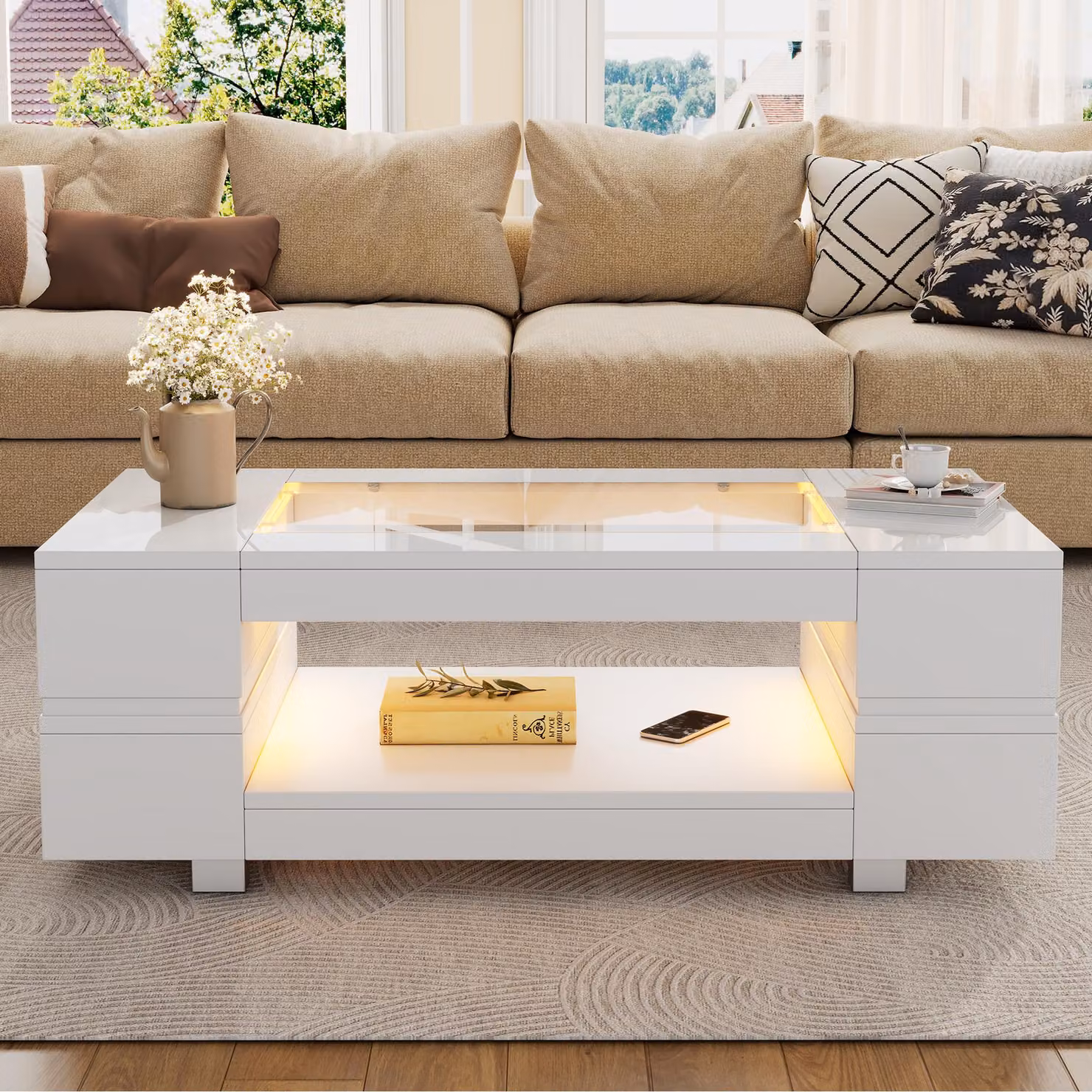 Tavolino da salotto, dimensioni 100 x 50 x 35 cm, realizzato in pannello di particelle di legno al 100%, con piano in vetro temperato, colore bianco, dotato di illuminazione LED, controllo tramite app e 2 ripiani