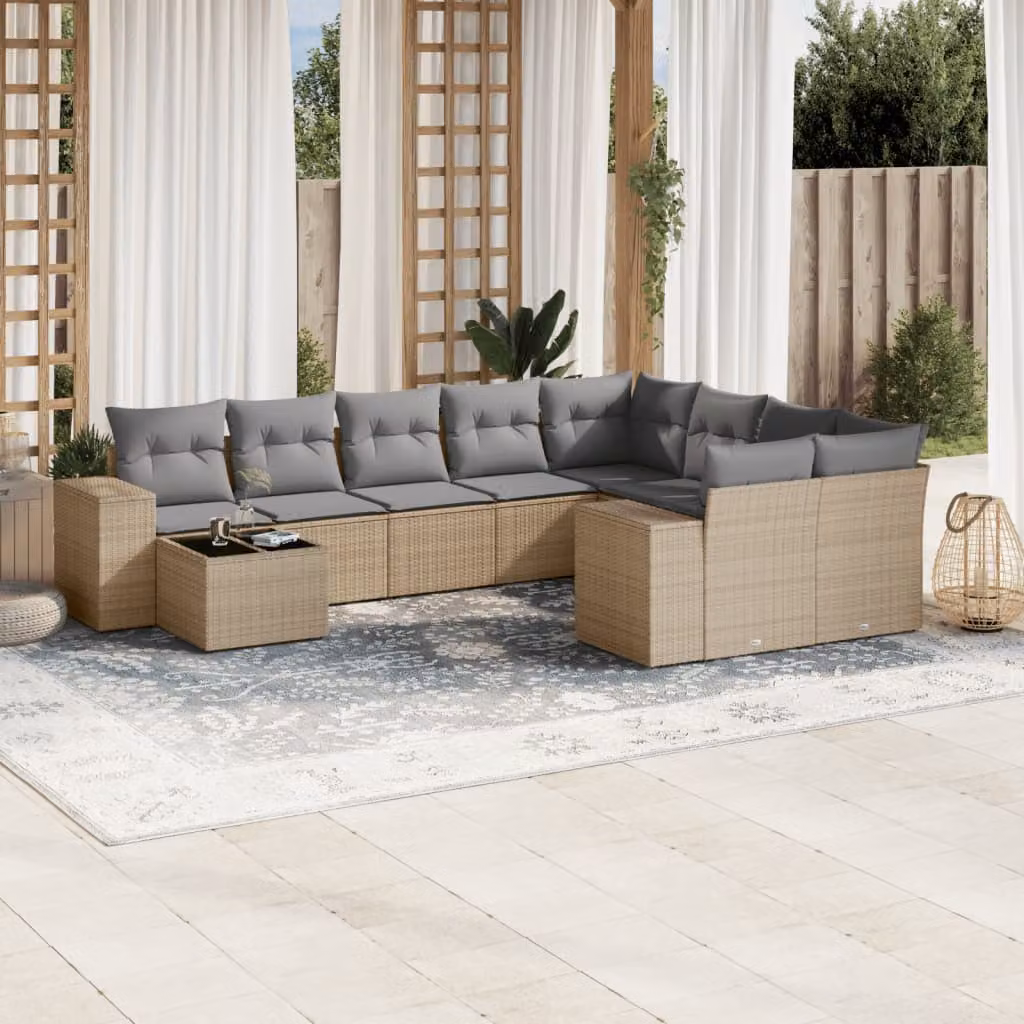 Set Divano da Giardino 10 pz vidaXL con Cuscini Beige e Tavolino in Polyrattan e Metallo – 1