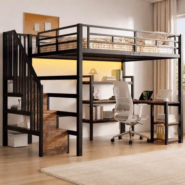 Letto a soppalco in metallo 140x200 cm con scrivania; scale contenitore; LED; nero