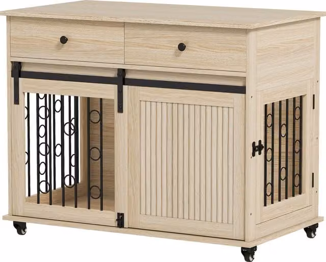 Gabbia per cani PawHut su ruote con 2 porte e 2 cassetti in legno e acciaio, Rovere, L: 100 cm, P: 56 cm, H: 81 cm