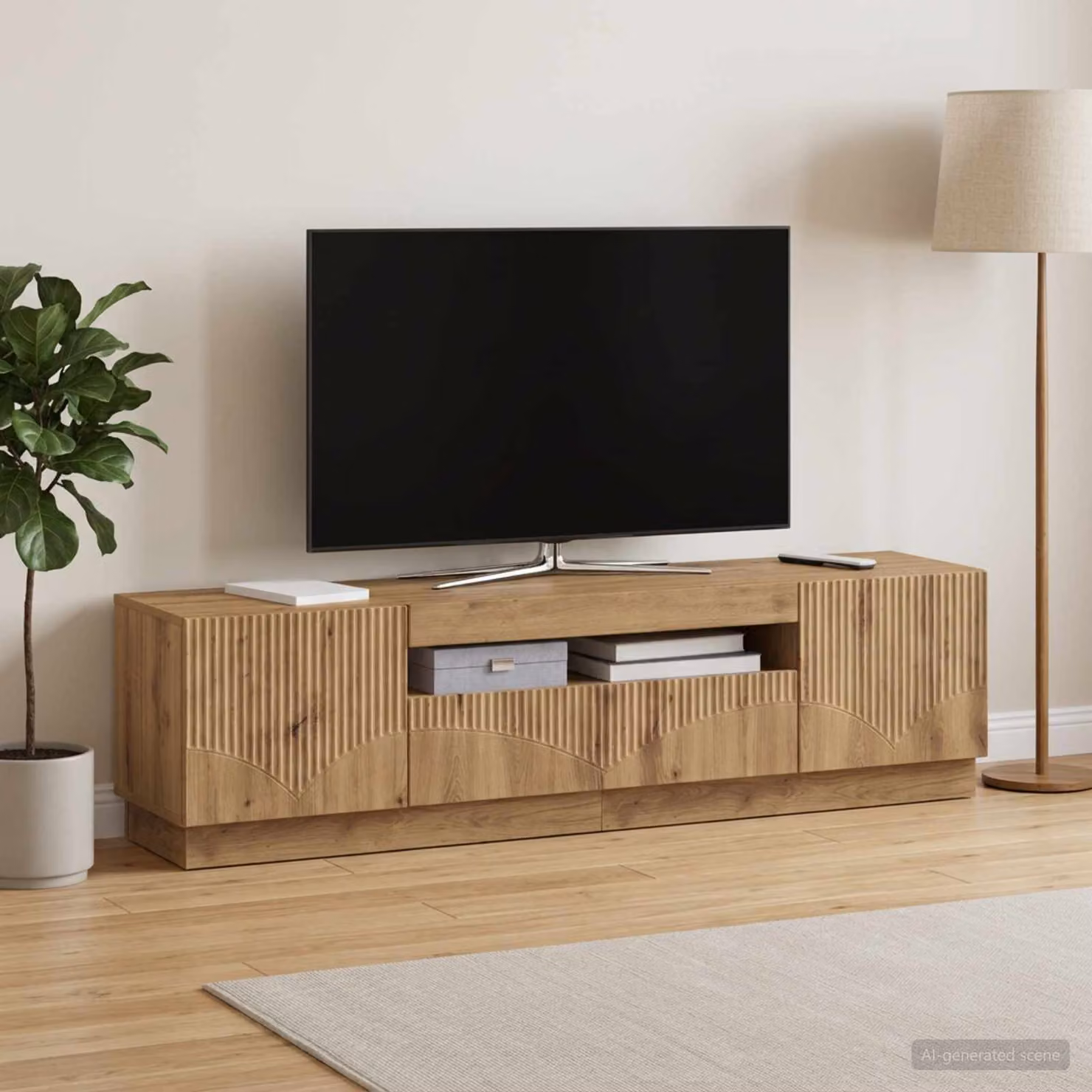 Mobile TV stand vidaXL in legno rovere marrone con illuminazione integrata e vani porta media, L 153 x P 40 x H 35 cm