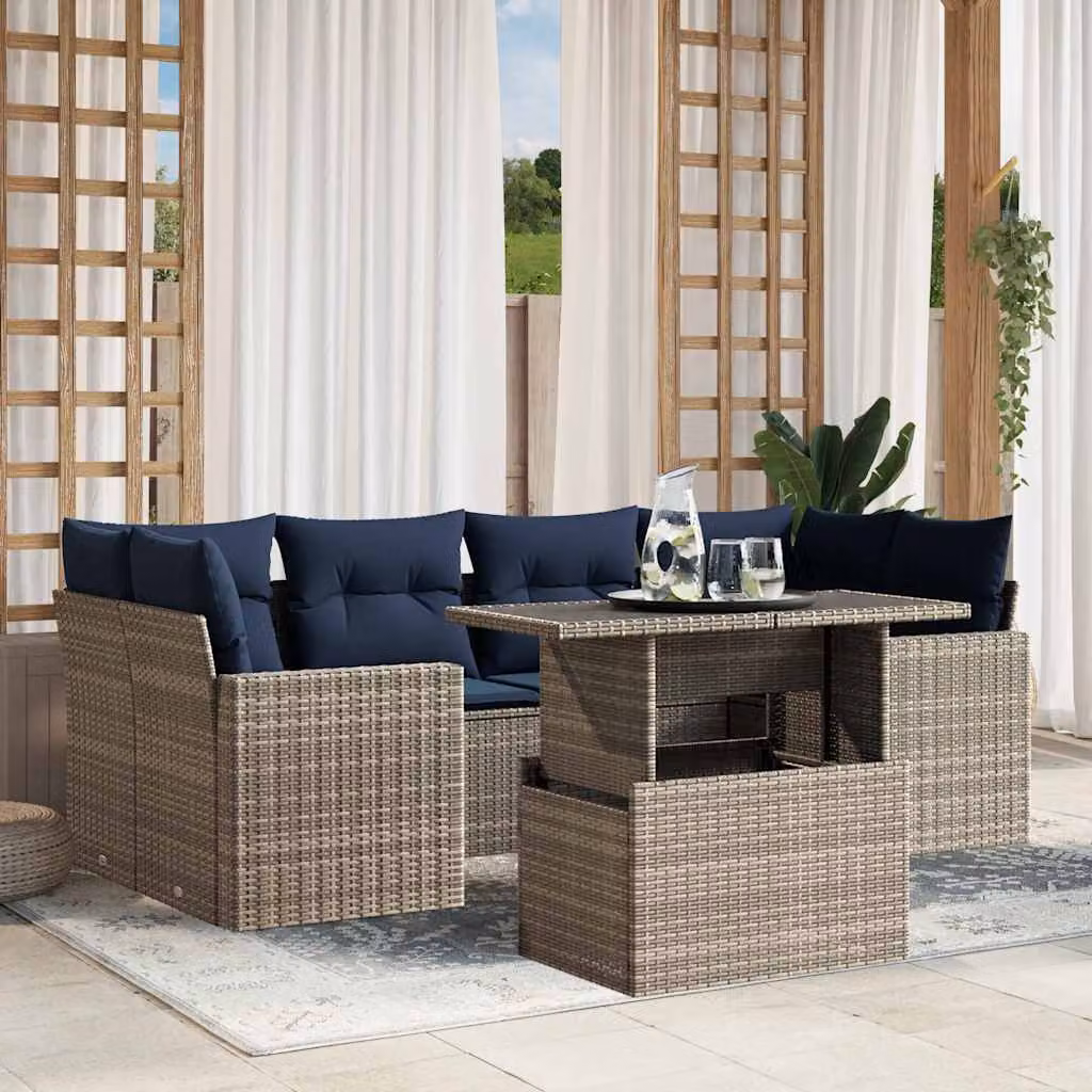 Set da giardino vidaXL in polyrattan grigio con 7 pezzi, divano ad angolo e tavolino da caffè con cuscini inclusi