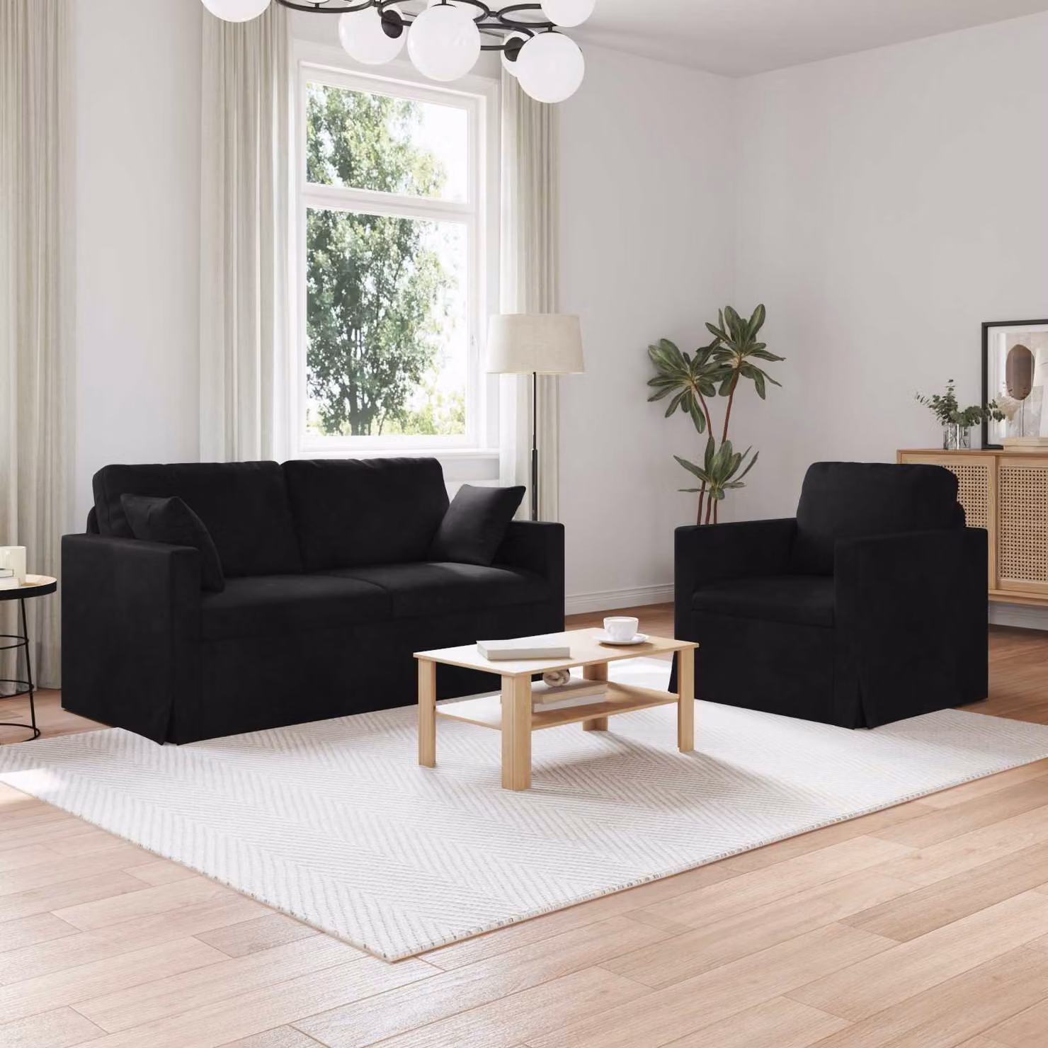 Set di 2 divani moderni vidaXL in velluto nero con struttura in metallo e coperture rimovibili