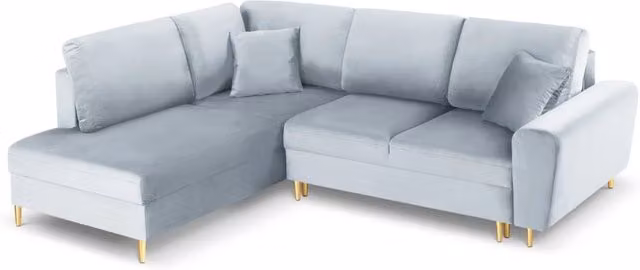 Divano angolare convertibile con contenitore Kyoto Cosmopolitan Design in velluto azzurro e oro, 5 posti, L 243 x P 124,6 x H 88 cm