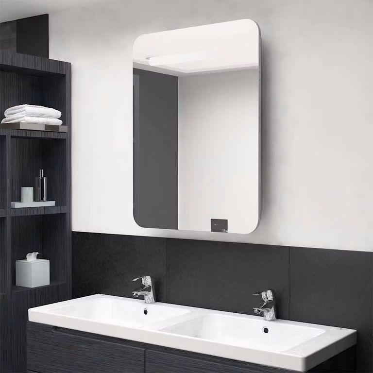 Armadietto da bagno moderno vidaXL con specchio e illuminazione LED, Grigio, L: 60 cm, P: 11 cm, H: 80 cm