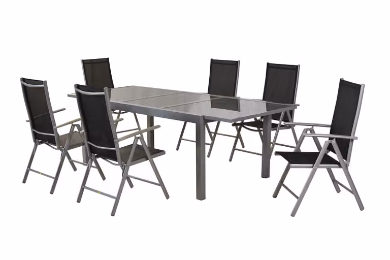 Set di mobili da giardino Merxx 7 pezzi, 6 sedie pieghevoli, tavolo allungabile 160 (220) x 90 cm, nero
