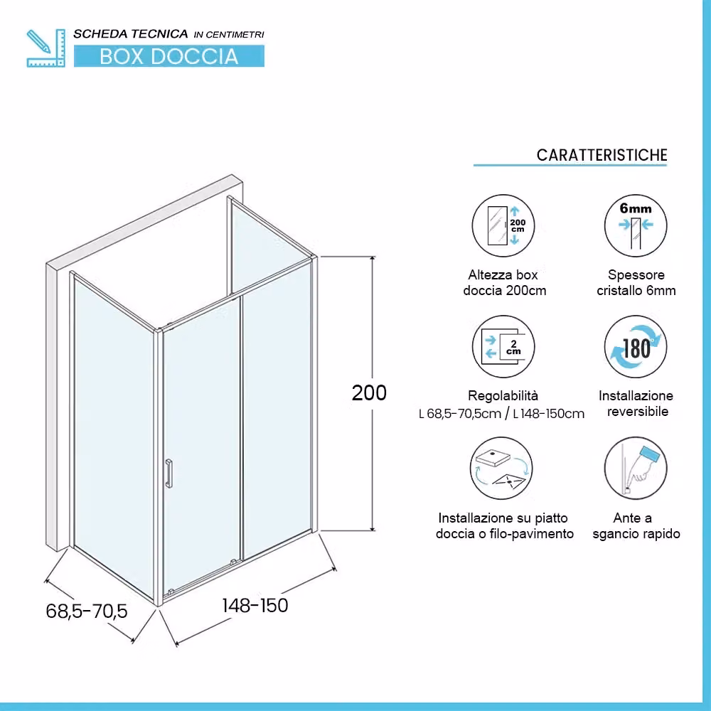 Box doccia INBAGNO a forma di U con porta scorrevole in vetro trasparente, L: 150 cm, P: 70 cm, H: 200 cm – 2