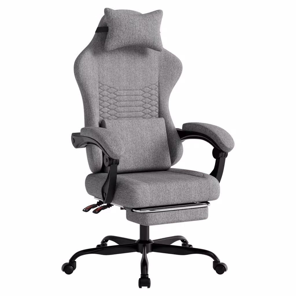 Poltrona Gaming Massaggiante MINIMAL in Tessuto con Poggiapiedi, Grigio Chiaro – 2