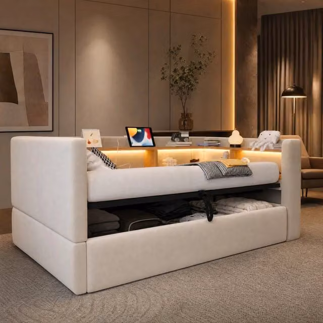 Divano letto con vano contenitore idraulico; LED; prese; 90x190 cm; beige