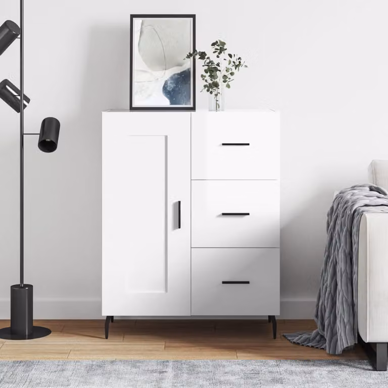 Credenza moderna vidaXL in legno multistrato bianco lucido L: 69,5 cm, P: 34 cm, H: 90 cm
