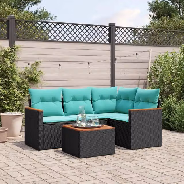 Set da giardino moderno vidaXL composto da 5 pezzi con divano angolare a L, divano a 2 posti, elemento angolare e tavolino da caffè, con cuscini inclusi e struttura in metallo nero e rattan