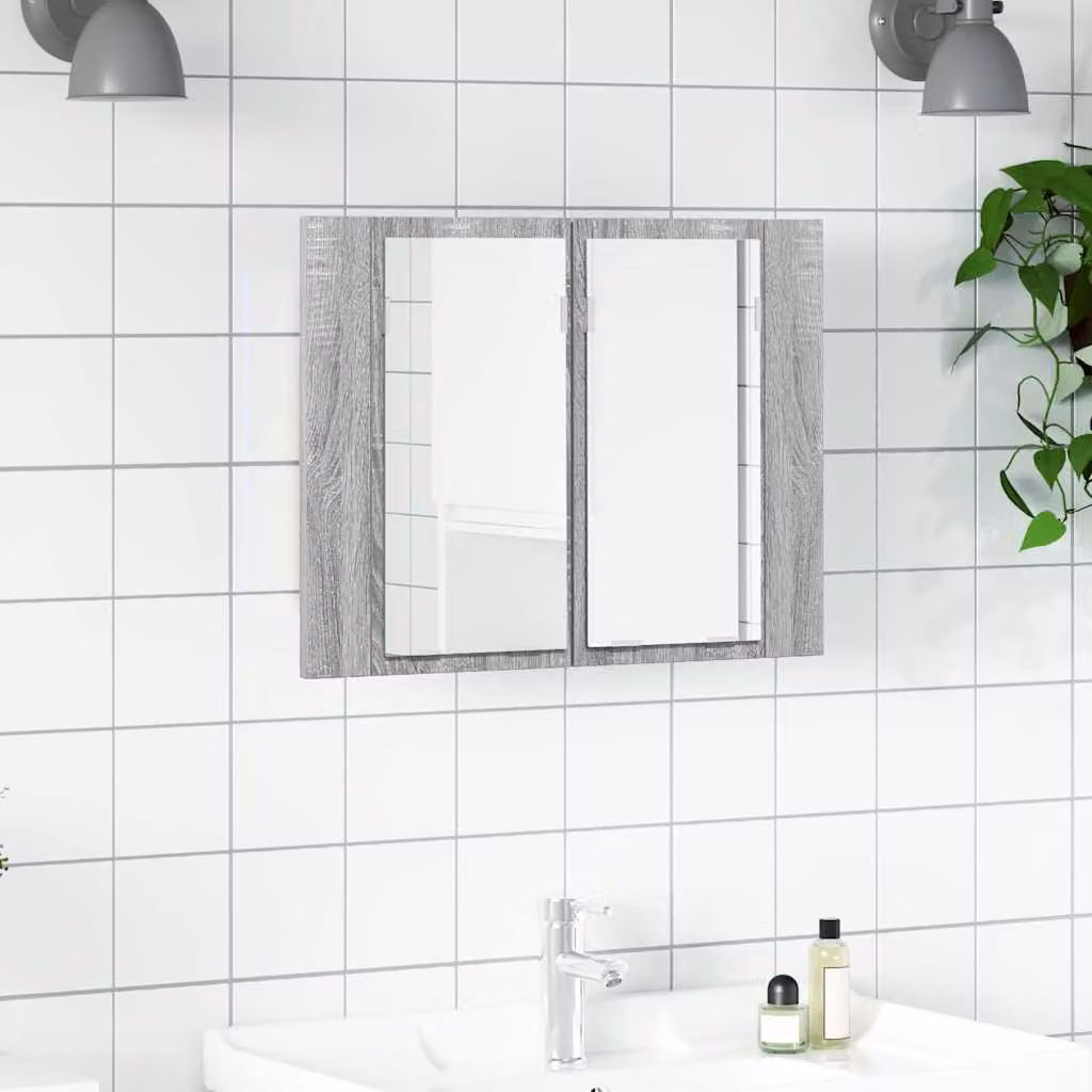 Specchio LED vidaXL Grigio Sonoma con Armadietto da Parete in Legno e Vetro L 60 cm x H 45 cm x P 12 cm
