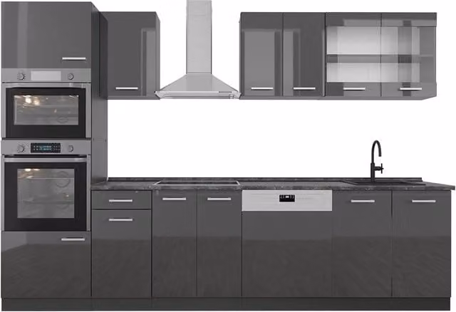 Cucina componibile moderna Vicco R-Line Antracite lucido con armadio alto, L: 300 cm