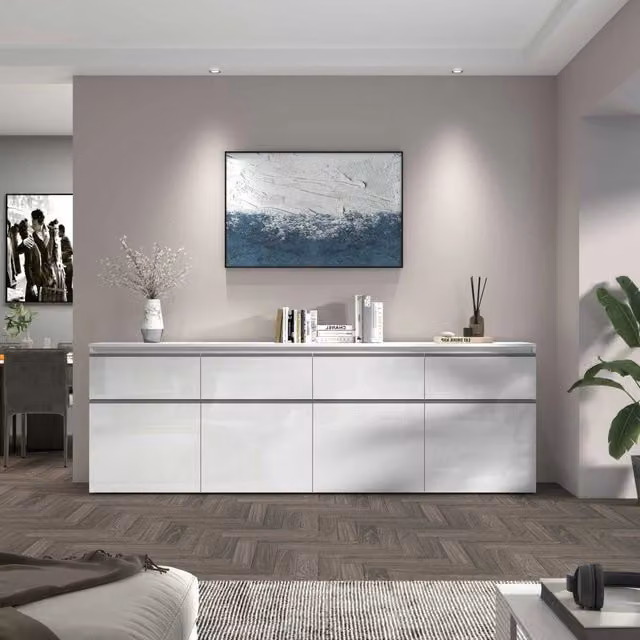 WHOUS Credenza a cassettiera Magic 4 ante e 4 cassetti bianco lucido 240x40x80 cm