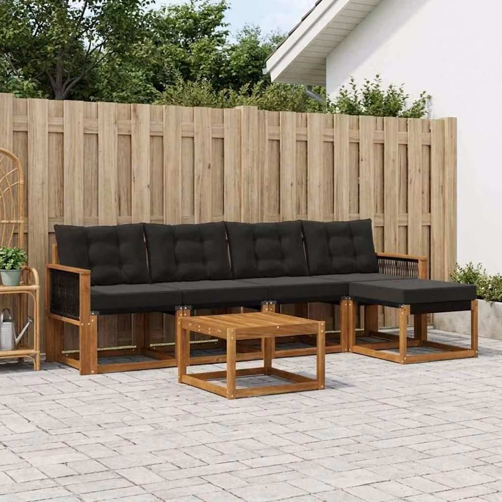 Set di divani da esterno vidaXL 6 pz a forma di L in legno di acacia con tavolino, pouf e cuscini, colori beige, nero e marrone