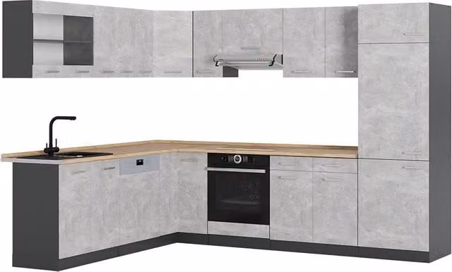 Cucina angolare moderna Vicco R-Line colore Antracite/Grigio con ante in vetro e illuminazione integrata L/P/H: 287 x 227 x 85 cm senza piano di lavoro