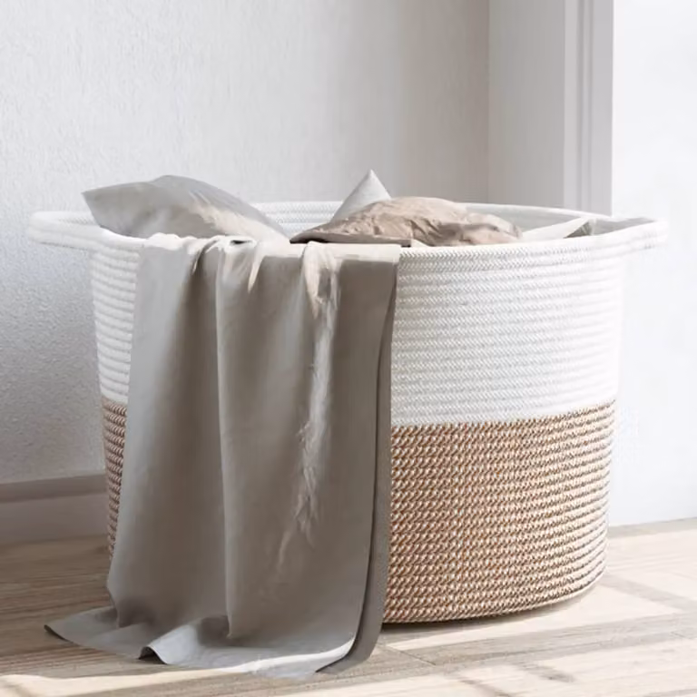 vidaXL Cesto per Biancheria in Cotone Pieghevole con Maniglie, Marrone e Bianco, Ø55 x H36 cm
