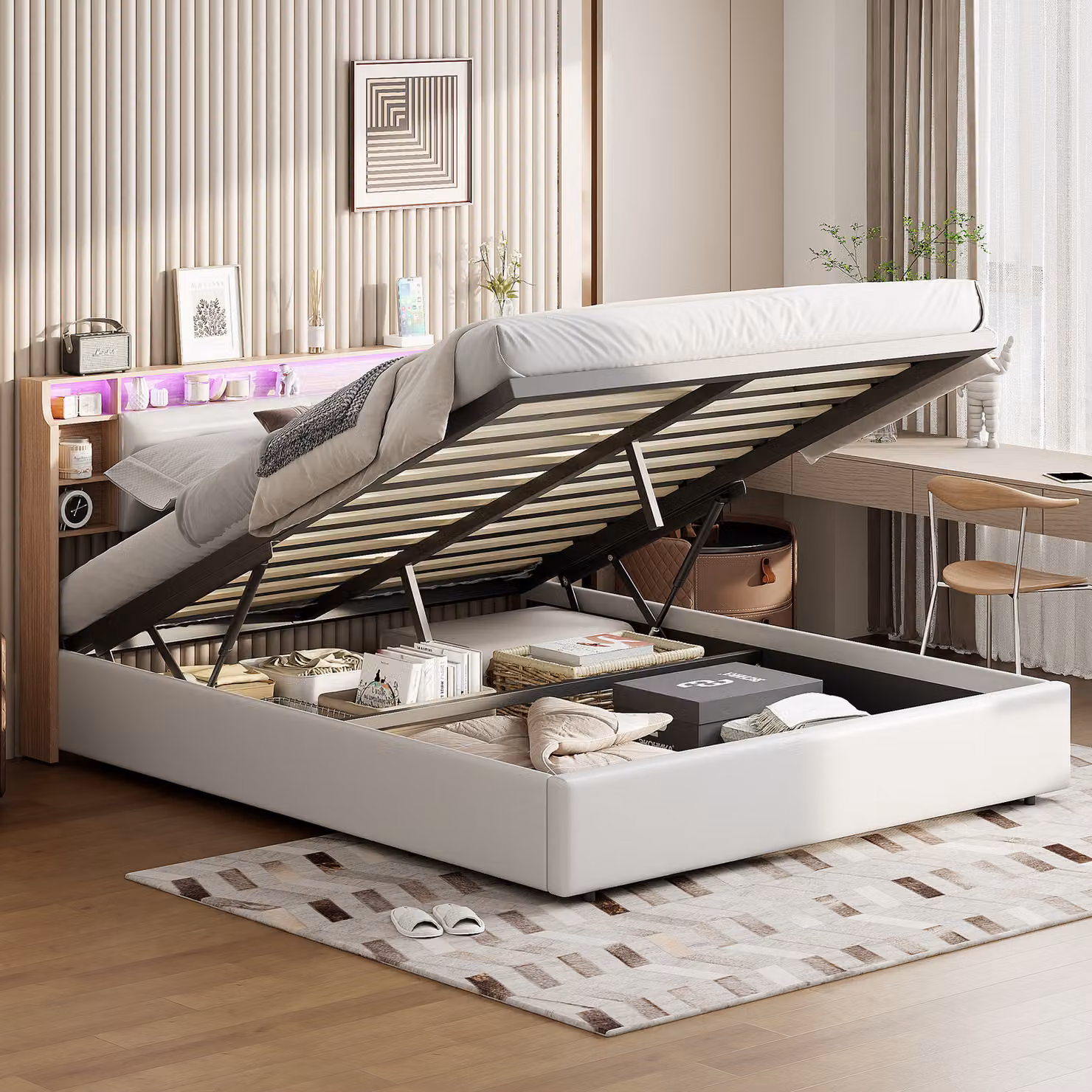 Letto matrimoniale imbottito 140 x 200 cm con illuminazione a LED, vano contenitore, rivestimento funzionale in ecopelle, bianco