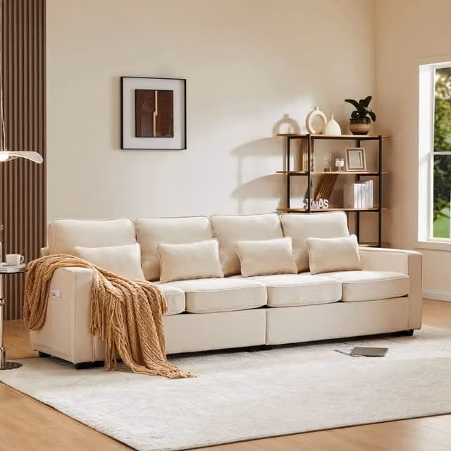 Divano Mivray moderno in tessuto beige per soggiorno con cuscini inclusi