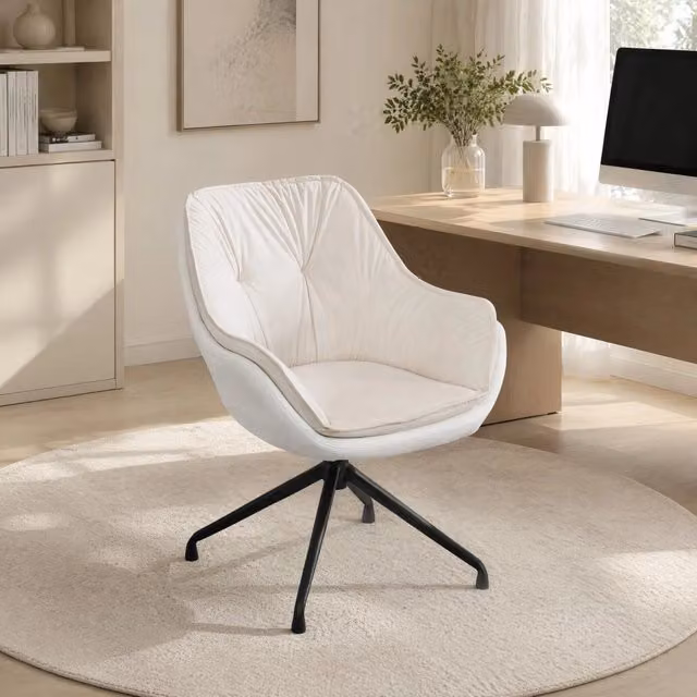 Sedia girevole ergonomica OKWISH in similpelle beige con base in metallo e ruote per ufficio, soggiorno o camera da letto