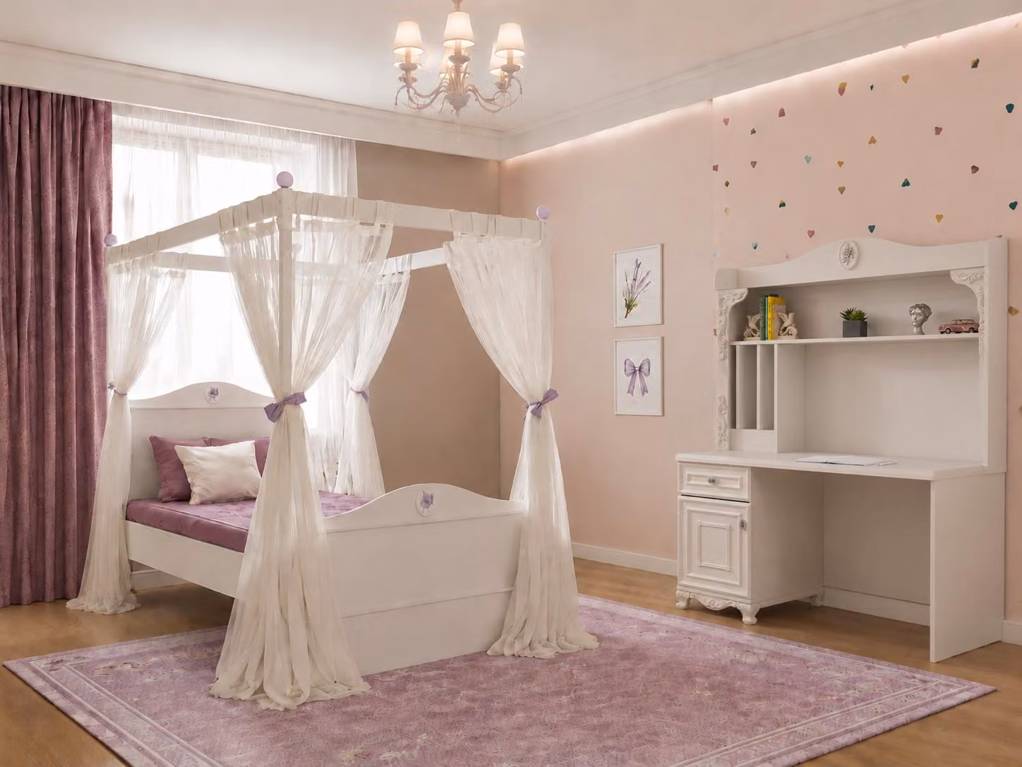 Letto a baldacchino, scrivania, libreria, colore bianco, legno, tessuto, camera da letto