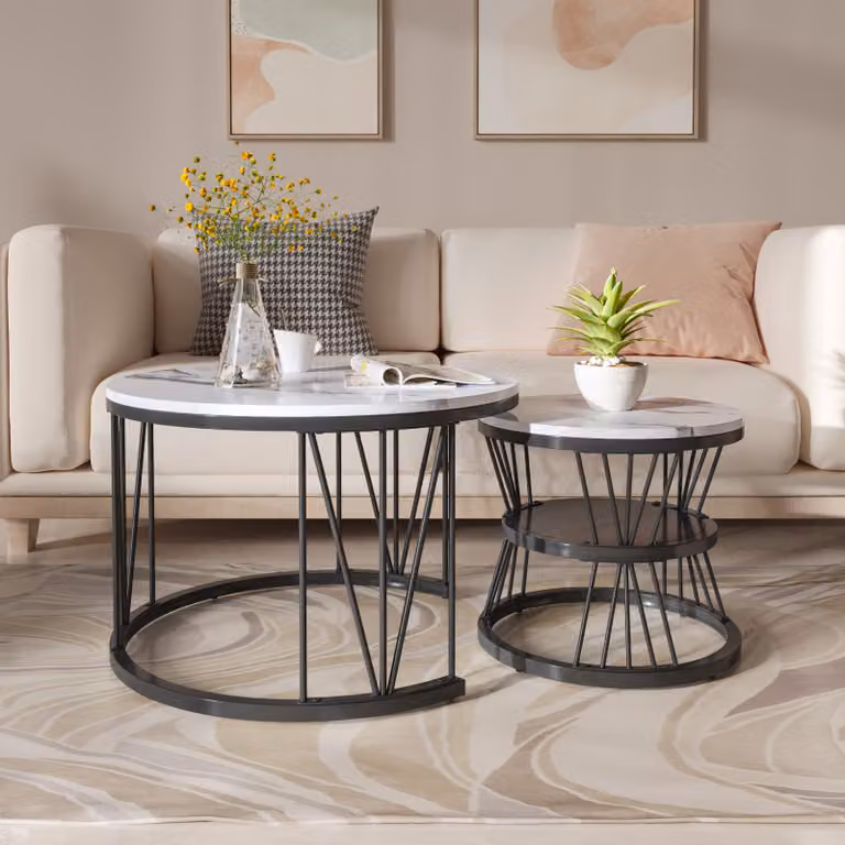 Tavolini rotondi - Piano in marmo bianco con struttura in metallo nero a forma di V - Design moderno ed elegante